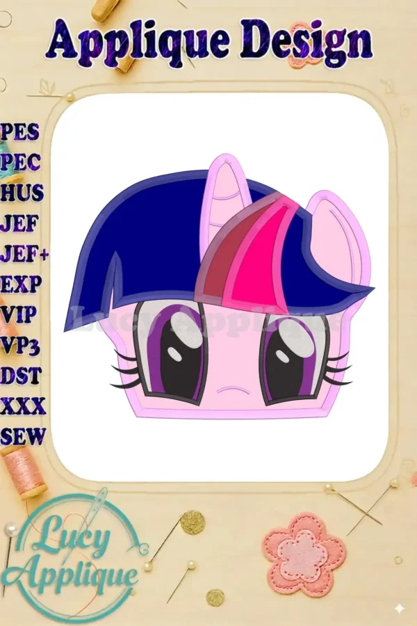 A charming applique embroidery design of Twilight Sparkle from My Little Pony, showcasing vibrant purple and pink hues. The design is ready to be stitched.