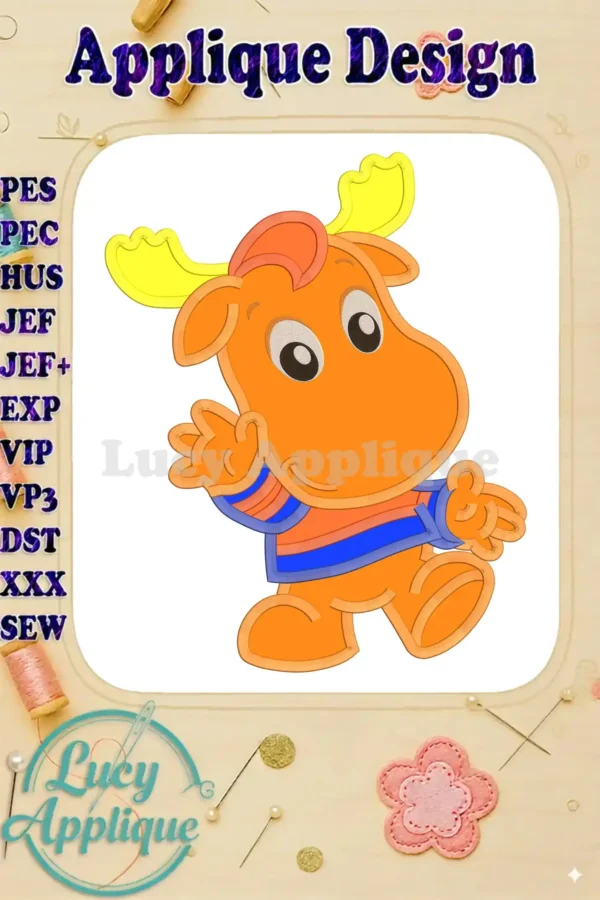 Adorable applique design of Tyrone from Backyardigans. The image showcases the finished embroidered character, ready to be stitched onto a project. Various machine formats are listed.