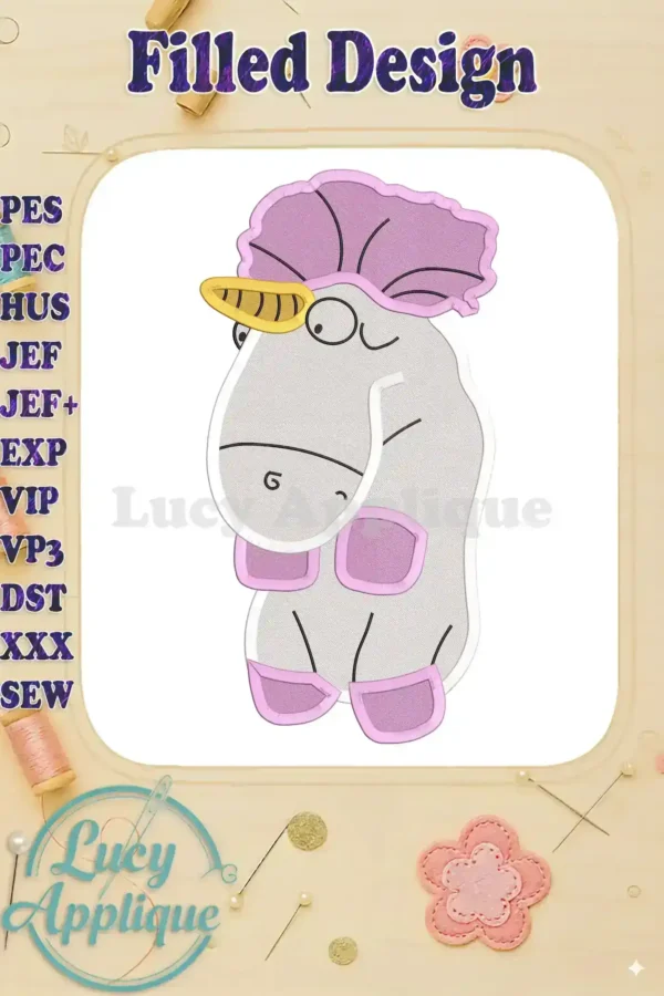 Adorable filled embroidery design of a unicorn with a purple headband, inspired by Despicable Me. Perfect for adding a whimsical touch to your projects.