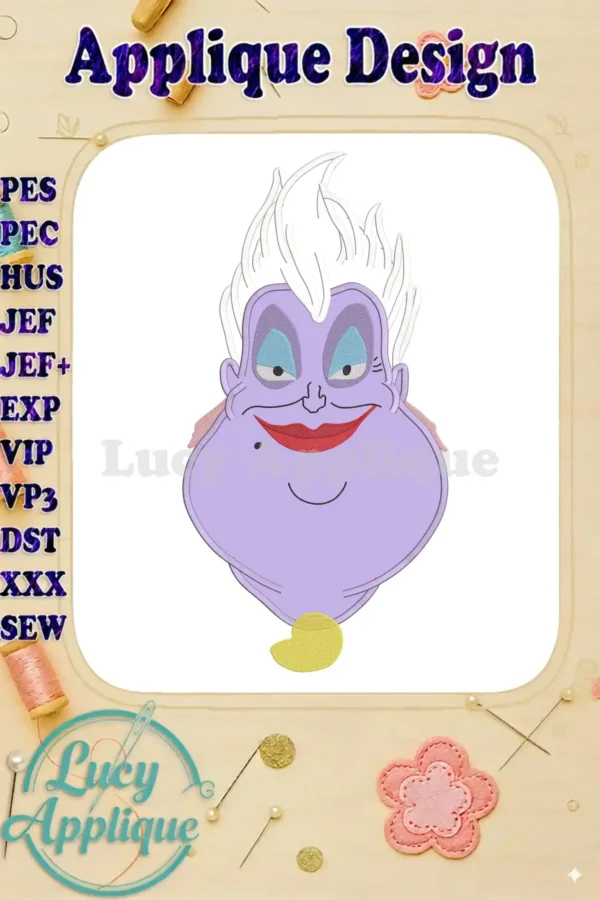 Main image showcasing the completed Ursula the Little Mermaid applique embroidery design, ready to be added to various projects. The design is vibrant and detailed.