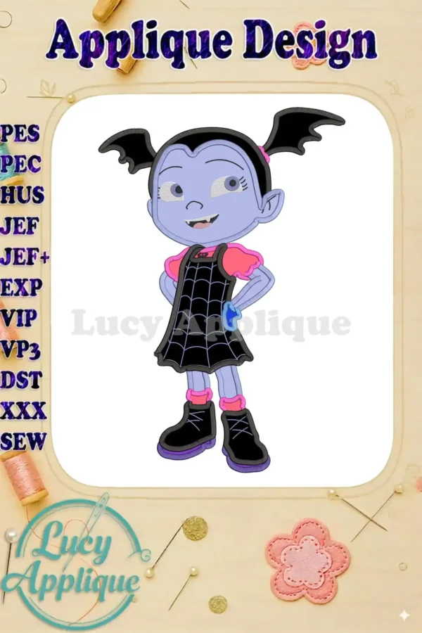 Adorable Vampirina applique embroidery design in PES, HUS, JEF, JEF
