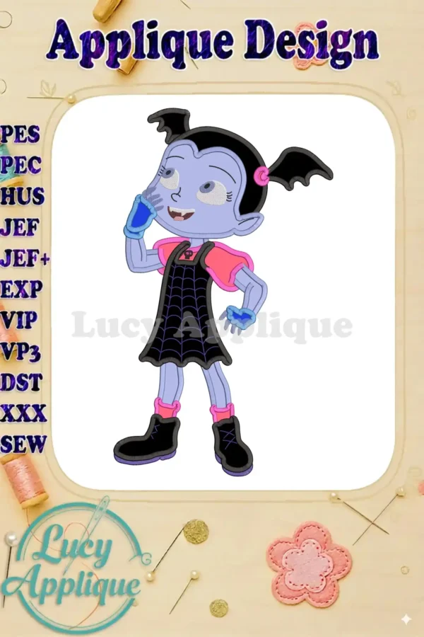 Main image showcasing a vibrant, detailed Vampirina applique embroidery design, ready to be stitched. Includes various file formats for different machines.