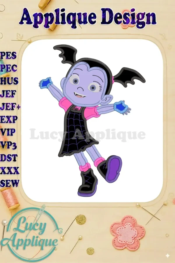 Adorable Vampirina applique embroidery design, showcasing the character in a playful pose. The design is shown in various file formats for widespread compatibility.