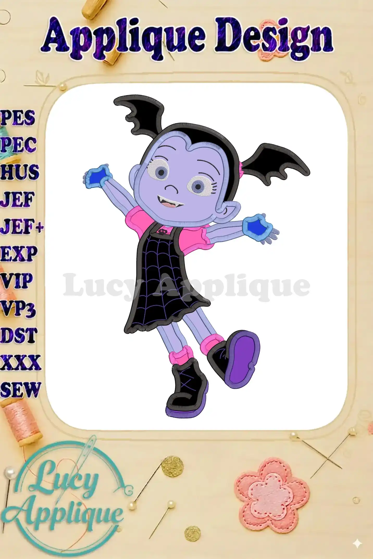 Adorable Vampirina applique embroidery design, showcasing the character in a playful pose. The design is shown in various file formats for widespread compatibility.