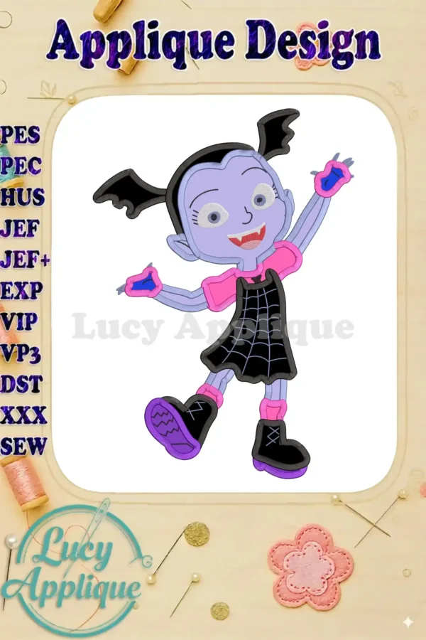 Embroidery design of Vampirina, a cartoon vampire girl, in a playful pose. The design is ready to be stitched and features vibrant colors.