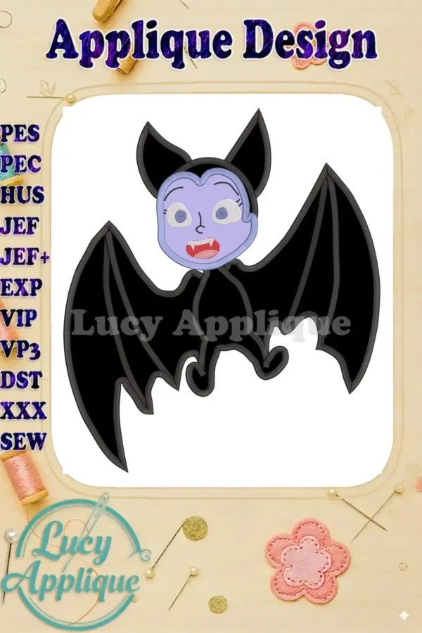 A charming Vampirina bat applique design, perfect for Halloween projects. The design showcases intricate details and is available in various formats for different embroidery machines.