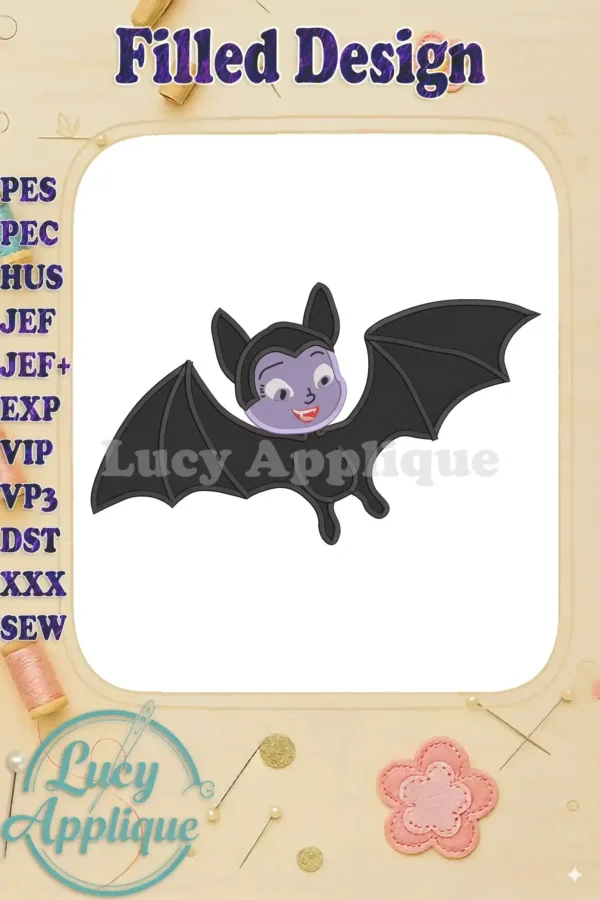Embroidery design of Vampirina as a bat, filled stitch, ready to be stitched on any fabric. Perfect for Halloween decorations and projects!