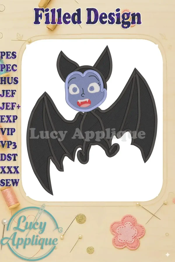 Embroidery design of Vampirina as a bat, showcasing filled stitches. The design is set against a cream background with decorative elements.