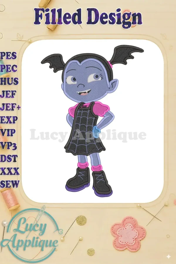 Embroidery design of Vampirina, a cartoon vampire girl, in a filled stitch style. The design is shown on a white background with various file format options listed.