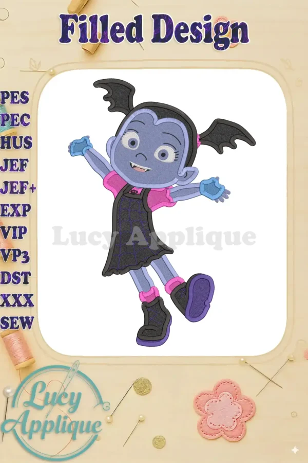 Embroidery design of Vampirina, a cute cartoon vampire girl with bat wings, in a playful pose. Perfect for kids' clothing or accessories.
