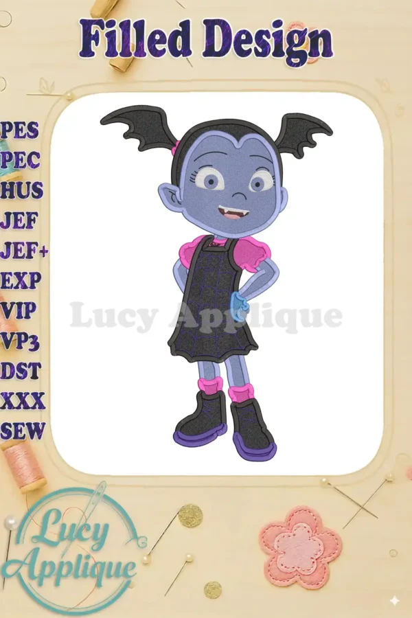 Embroidery design of Vampirina, a cute cartoon vampire girl, in a filled stitch style. The design is shown on a white background with a watermark.