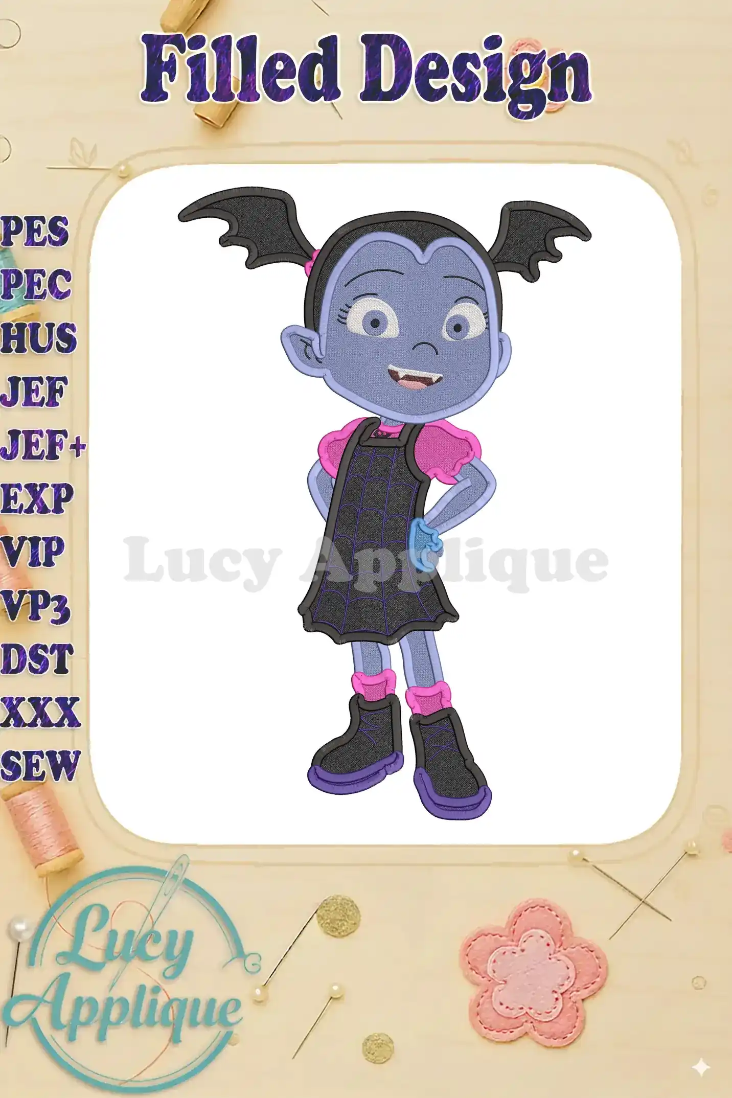 Embroidery design of Vampirina, a cute cartoon vampire girl, in a filled stitch style. The design is shown on a white background with a watermark.