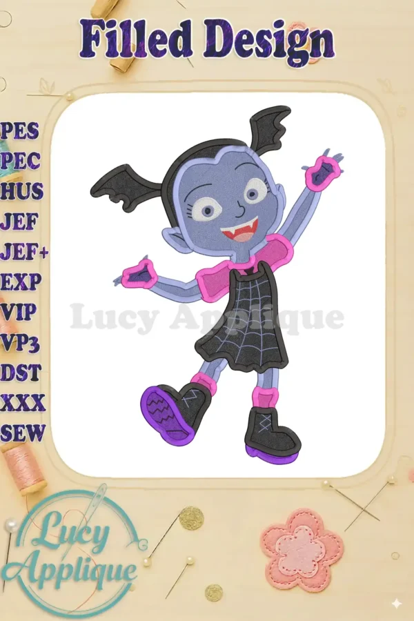Embroidery design of Vampirina, a cartoon vampire girl, in a filled stitch style. The design is vibrant and playful, perfect for adding a fun touch to any project.