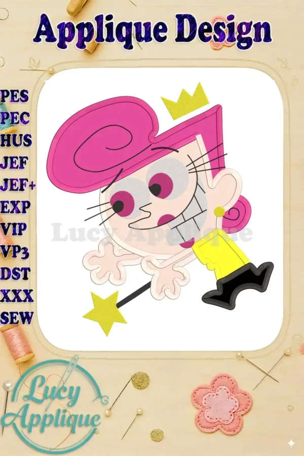 Embroidery design of Wanda from Fairly OddParents, showcasing her signature pink hair, crown, and wand. Perfect for applique projects.