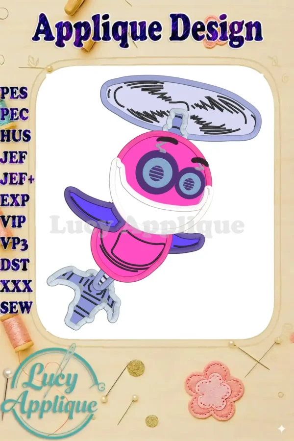 Rusty Rivets applique embroidery design showcasing the character in a helicopter, ready to be stitched. Includes various machine embroidery file formats.