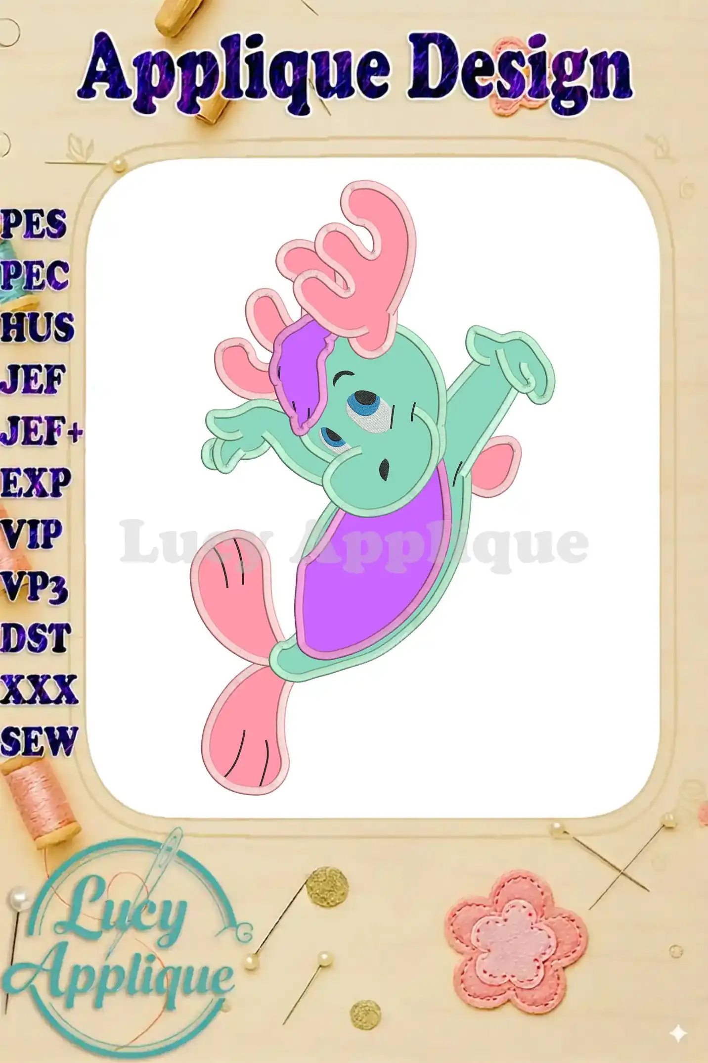 Woolrus the Wuzzles applique design in pastel colors, ready to be stitched. The image shows the completed design and various embroidery file formats.