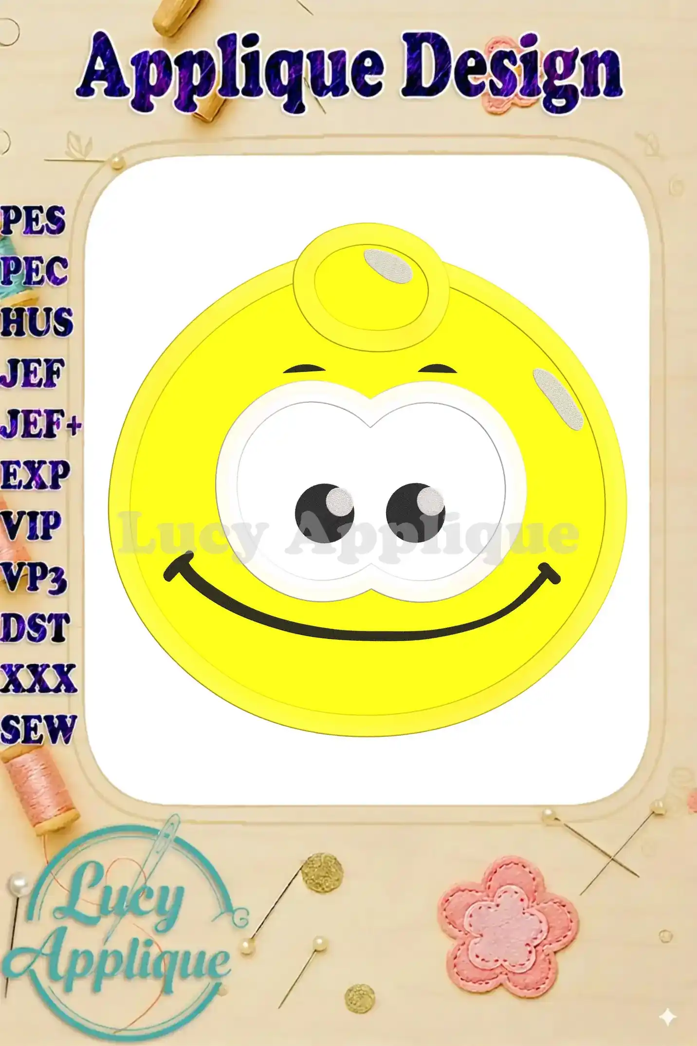 Main image showcasing the Yellow Jelly Applique embroidery design. A cheerful yellow face with a stethoscope, suitable for various crafting projects.