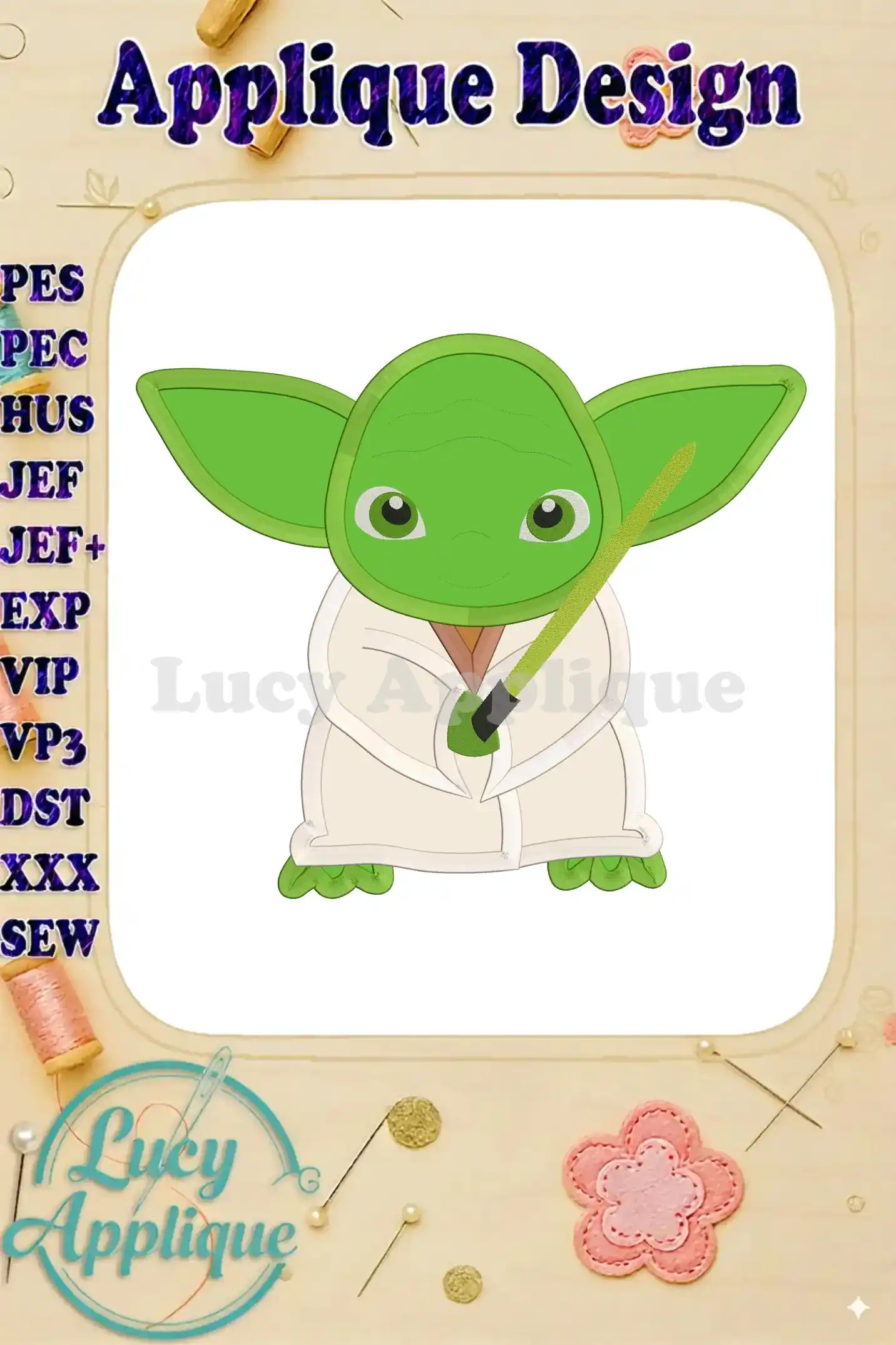 Adorable applique embroidery design of Yoda from Star Wars, holding a lightsaber. The design is presented on a white background with various file format options listed.