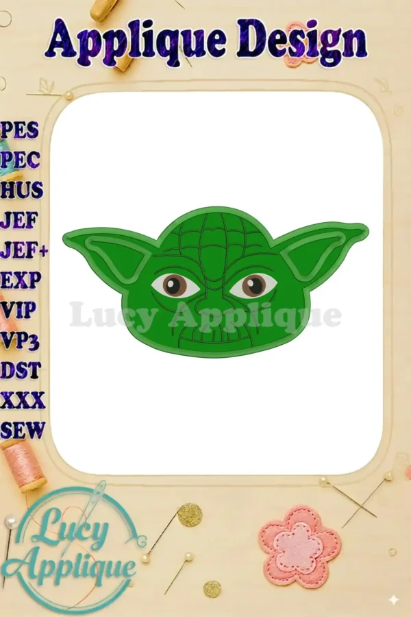 Embroidery design of Yoda's head from Star Wars, shown as a green applique. The image includes design details and file formats.