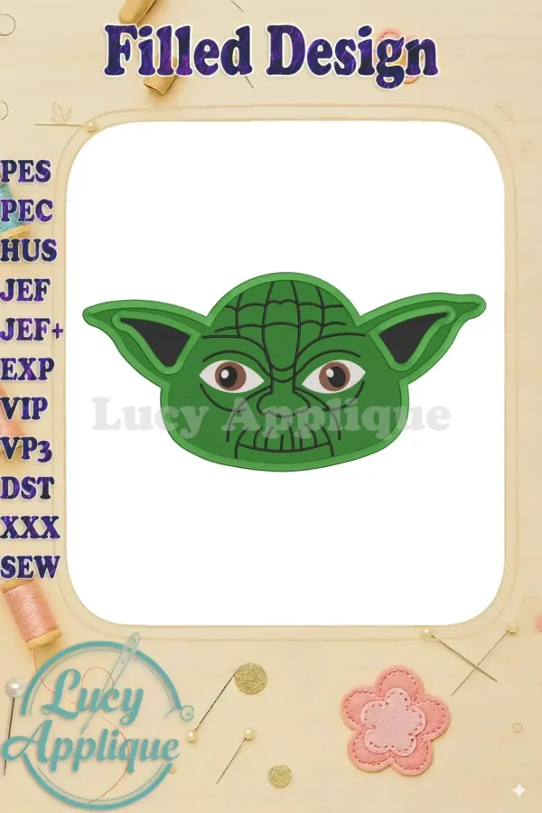 A charming machine embroidery design of Yoda's face from Star Wars. The design is in green and has a filled stitch style. It includes several file formats for various embroidery machines.