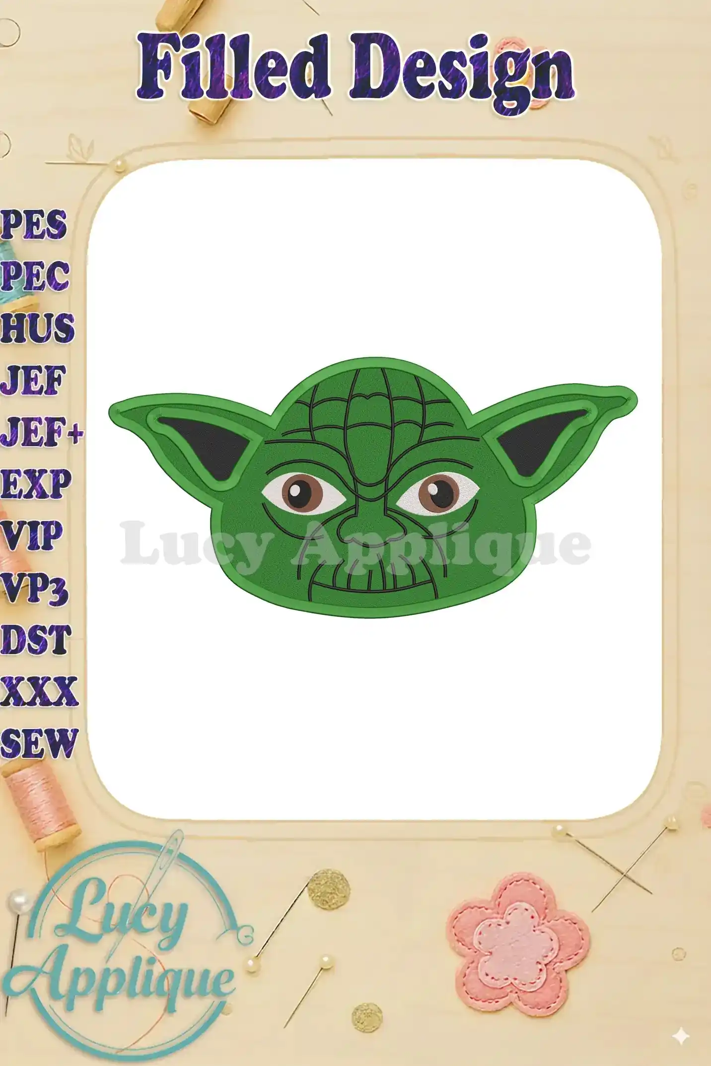 A charming machine embroidery design of Yoda's face from Star Wars. The design is in green and has a filled stitch style. It includes several file formats for various embroidery machines.
