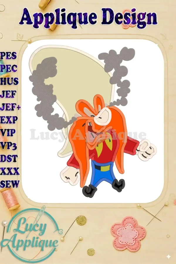 Yosemite Sam applique embroidery design showcasing the character in his signature outfit, ready to be stitched. Includes various file formats.