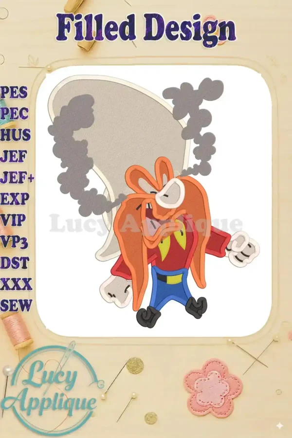 Yosemite Sam from Looney Tunes, filled embroidery design. A detailed illustration of the cartoon character, ready to be stitched. Perfect for adding a fun, cartoon element to any project.