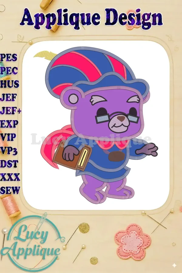 Zummi Gummi Bear applique design, showcasing a purple bear in a blue robe holding a book. The design is ready to be stitched using various embroidery formats.