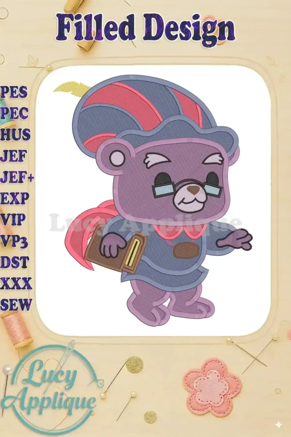 Zummi Gummi Bear in a purple robe holding a book, a filled embroidery design. This image shows the main design, ready to be stitched onto fabric. Perfect for Disney fans!