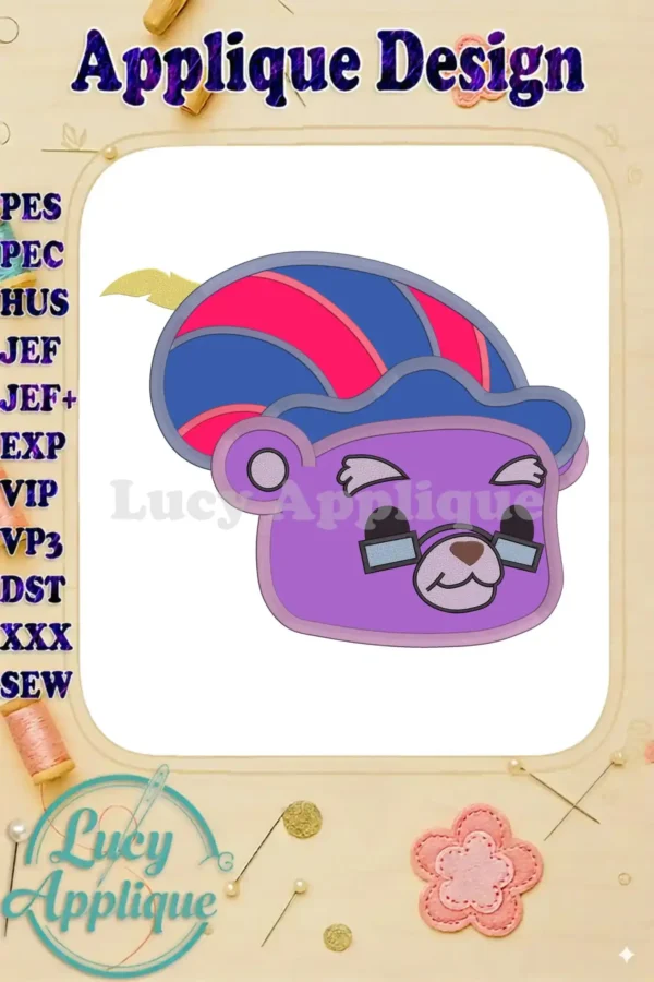 Zummi Gummi Bear applique embroidery design in purple, wearing a hat. Includes various file formats for different embroidery machines. Detailed instructions provided.