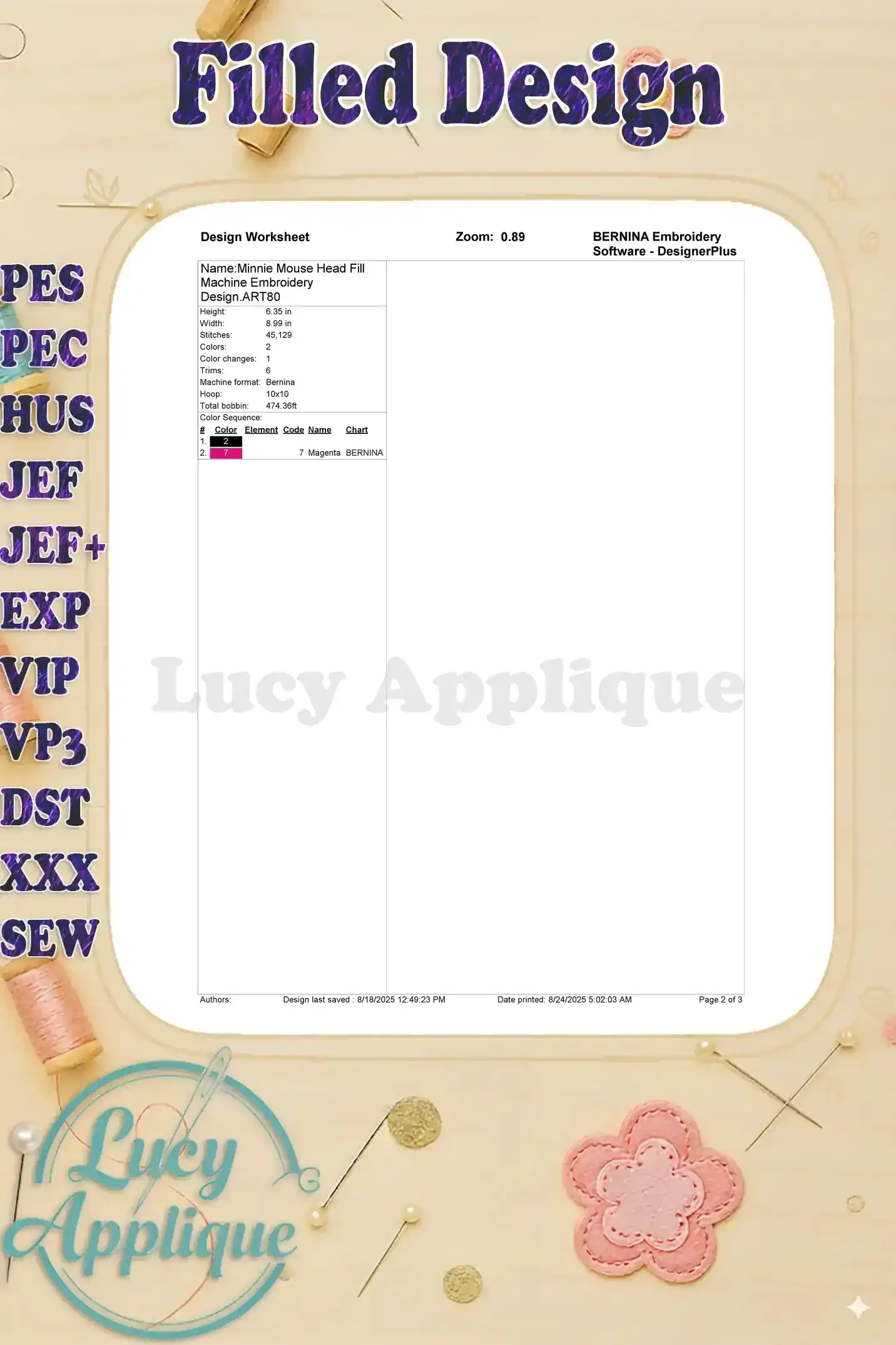 Worksheet for the Minnie Mouse head embroidery design, providing details on colors, stitches, and design dimensions. It's a helpful guide for the embroidery process.