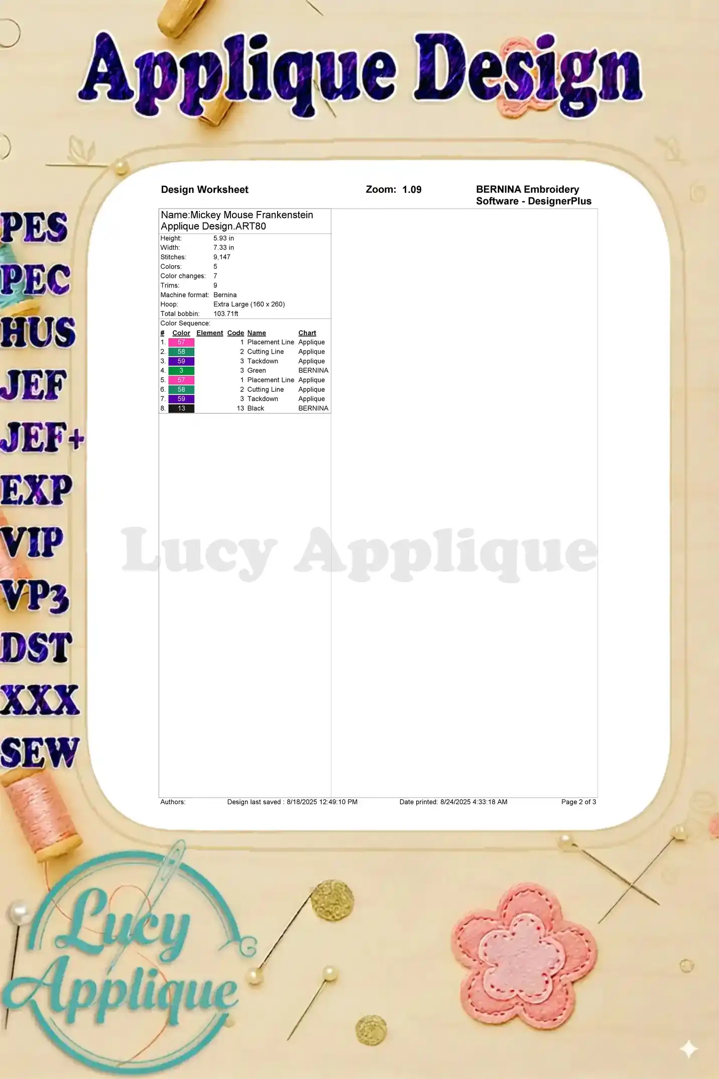 Worksheet showing details of the Mickey Mouse Frankenstein applique design, including stitch count, color chart, and software information. This is a helpful guide for embroiderers.