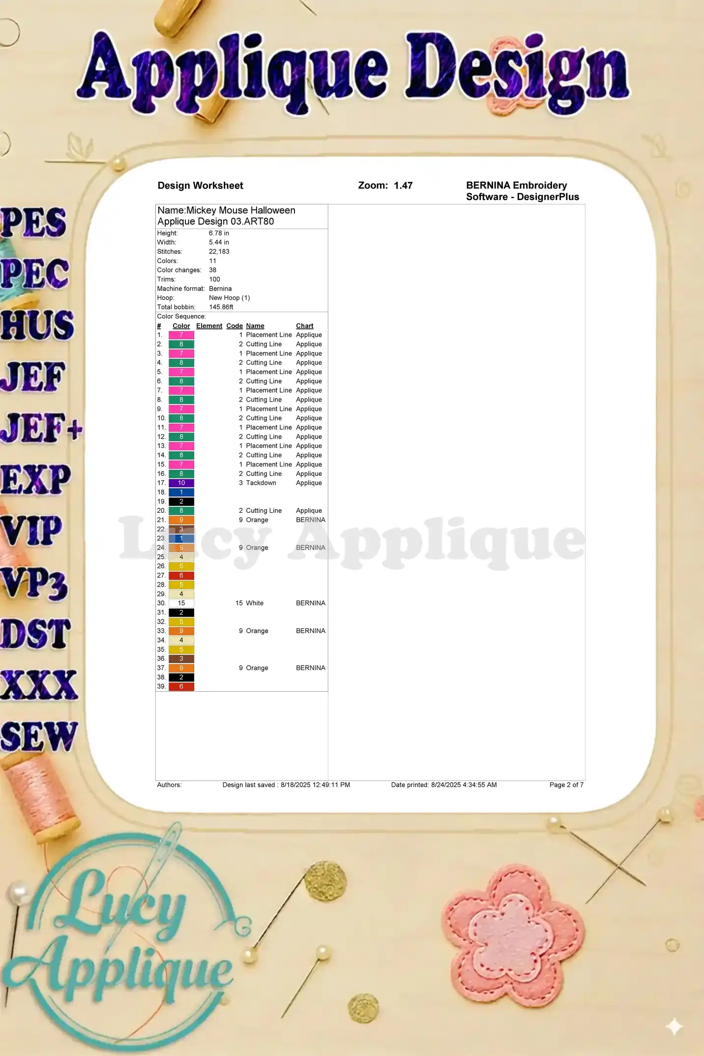 Design worksheet for Mickey Mouse Halloween applique, showing color chart, stitch details, and software information. Useful for guiding the embroidery process.