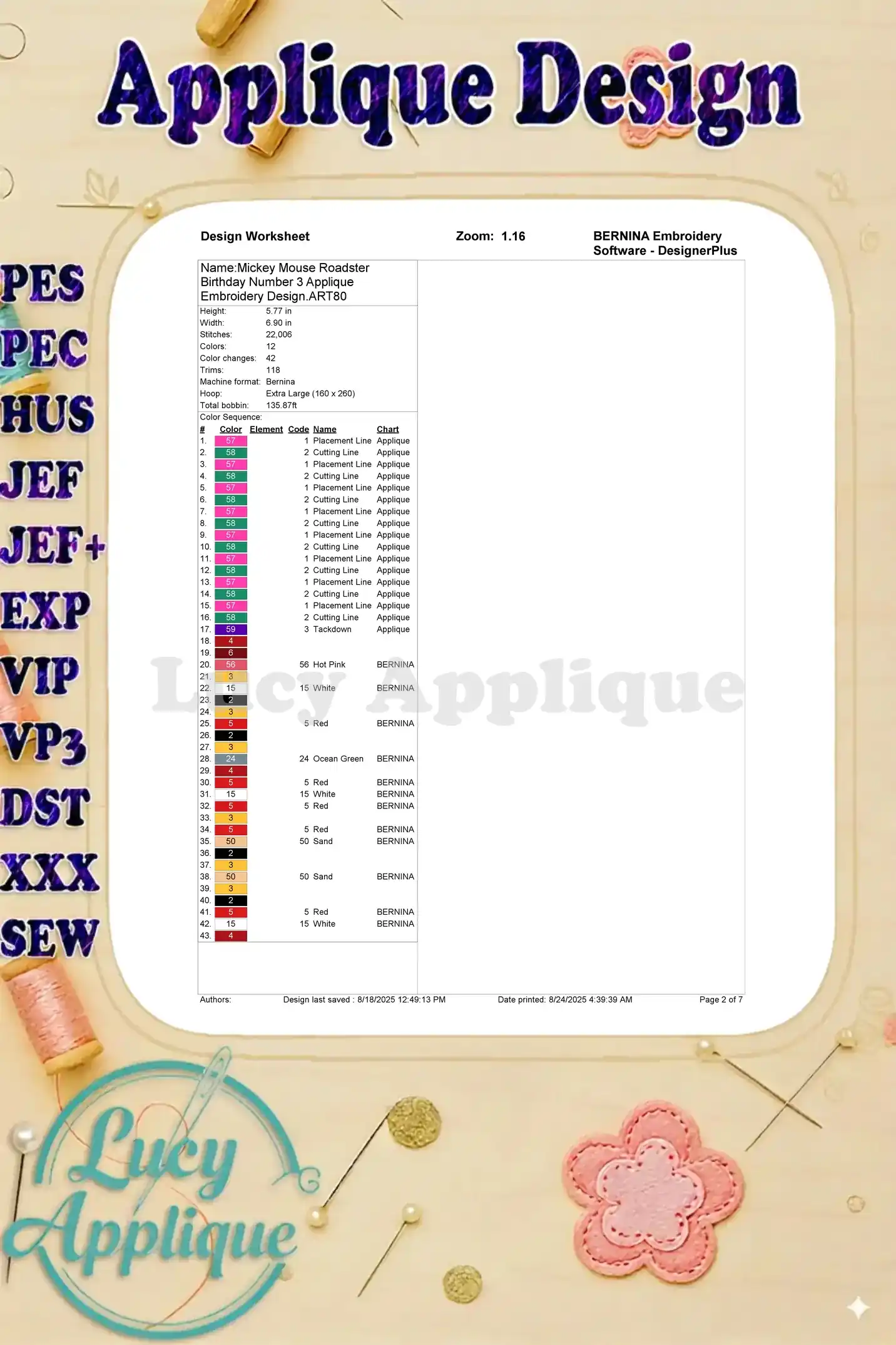 Design worksheet for the Mickey Mouse Roadster applique embroidery design, showing thread colors, stitch counts, and other essential details.