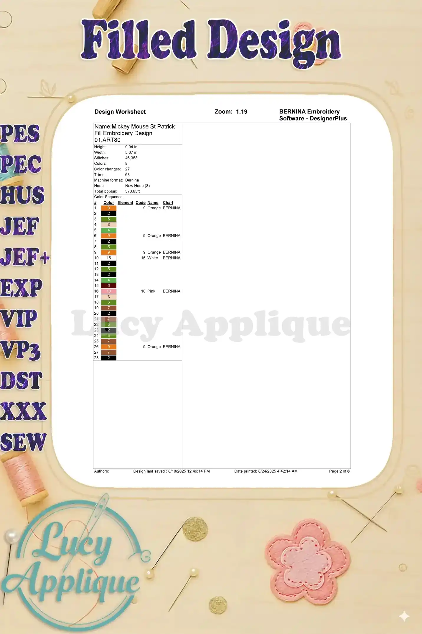 Design worksheet for the Mickey Mouse St. Patrick's Day filled embroidery design, showing details like color codes, stitch counts, and software information.