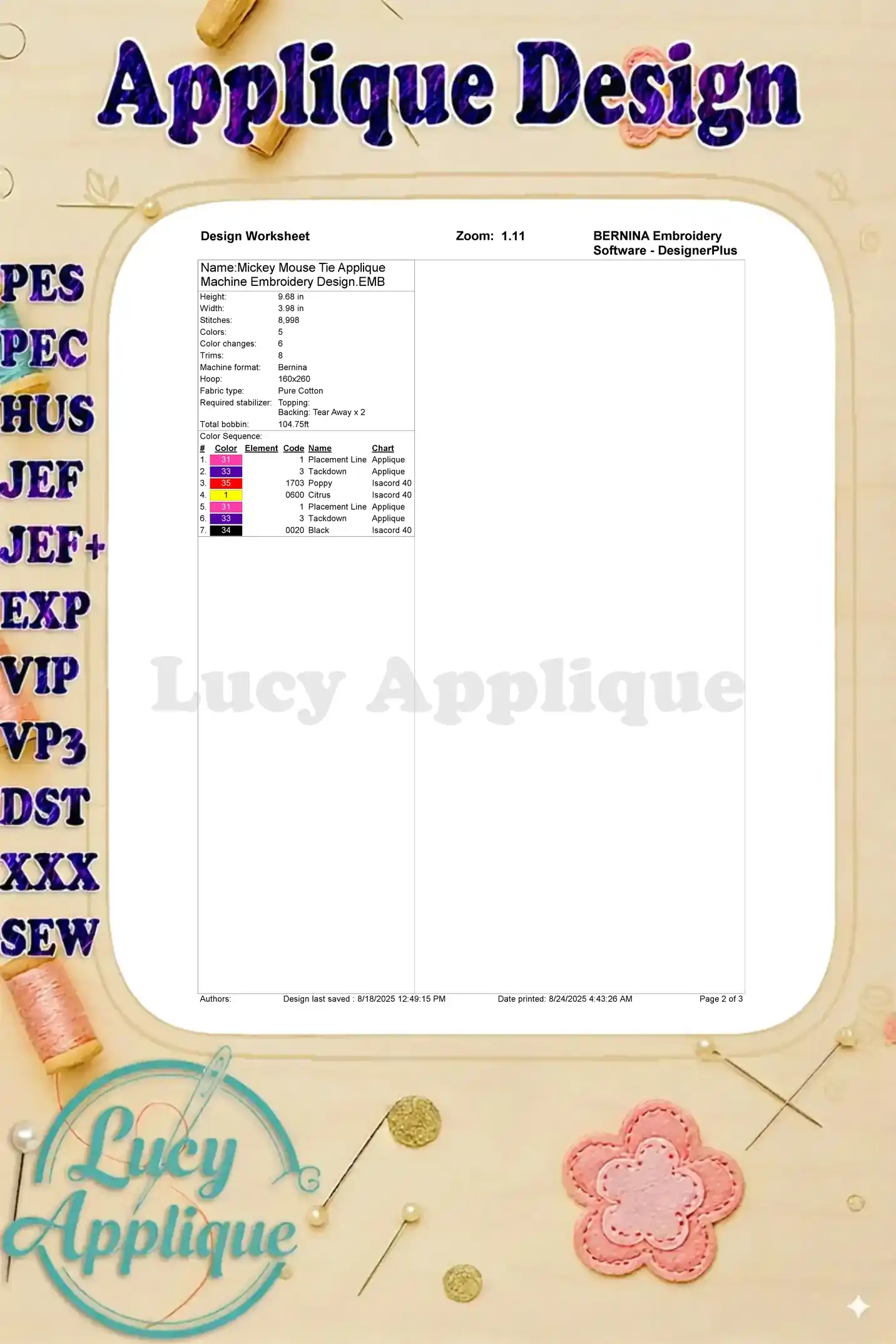 Worksheet detailing the Mickey Mouse tie applique machine embroidery design, including stitch counts, color changes, and element details.