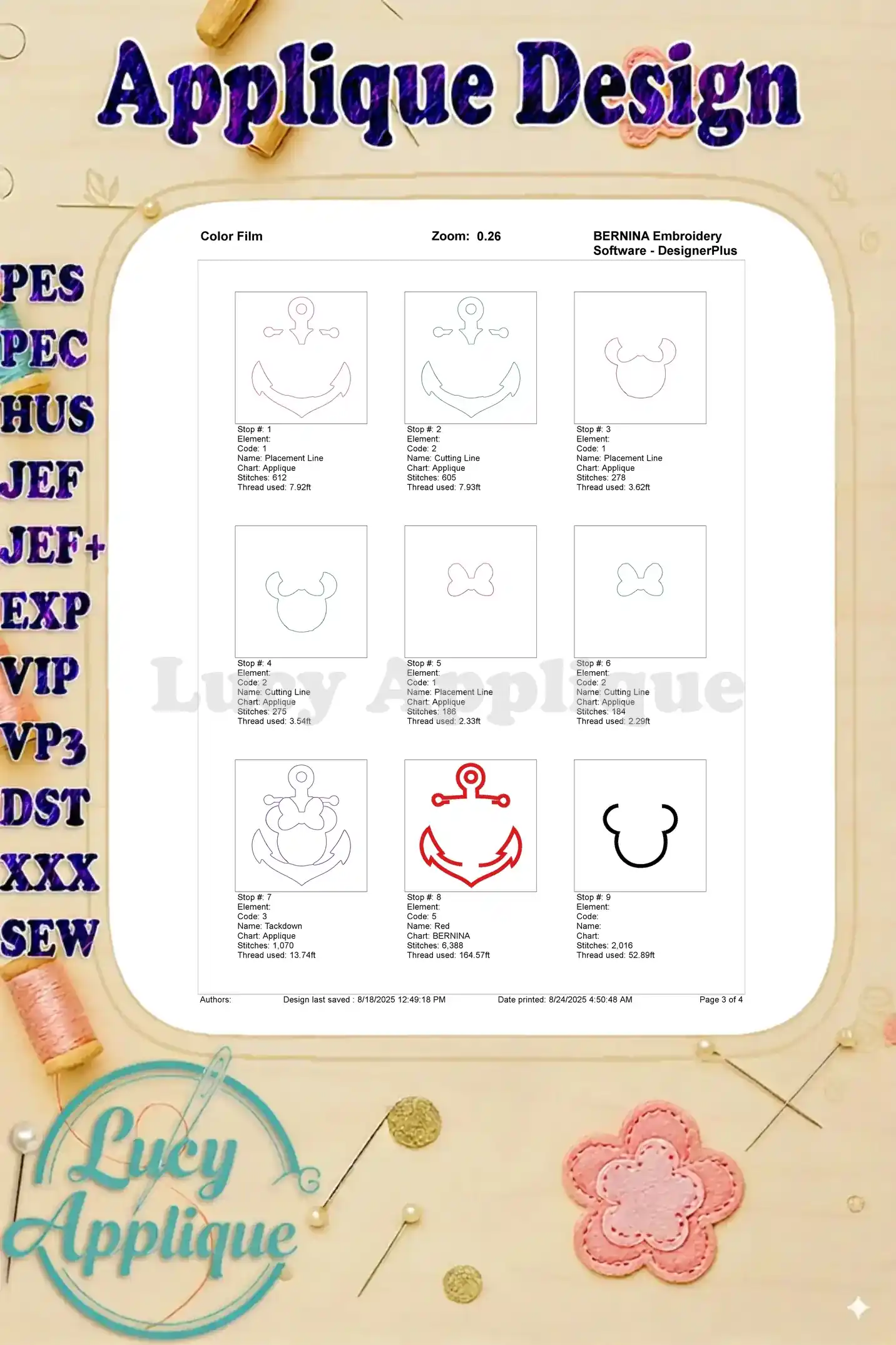 Color film showing the different steps involved in creating the Minnie Mouse anchor applique embroidery design, using various thread colors and stitch types.