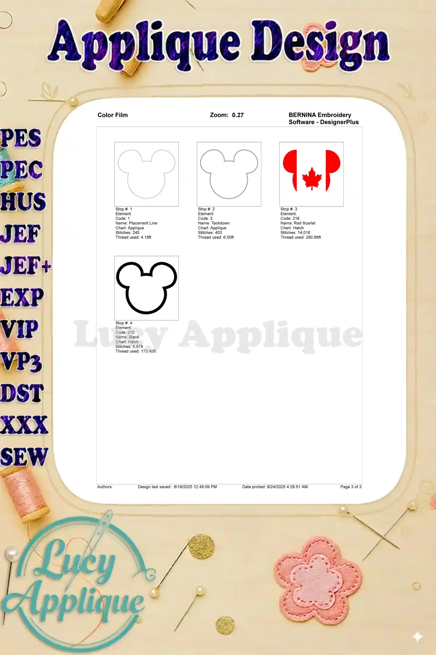 Color film for the Mickey Mouse Canada applique showing thread colors and placement for each step of the embroidery process.