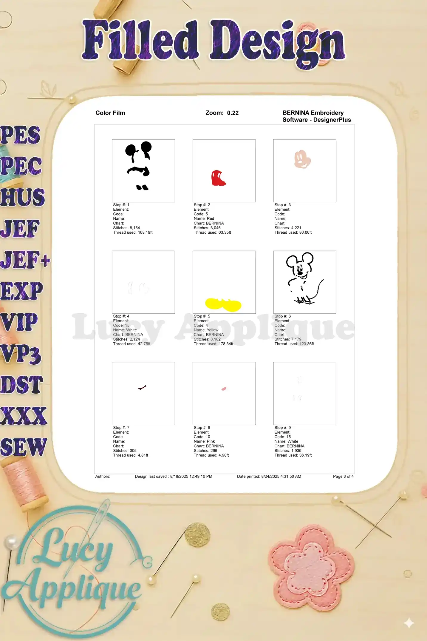 A color film showing the thread colors and their respective stitch sequence for the Mickey Mouse embroidery design.