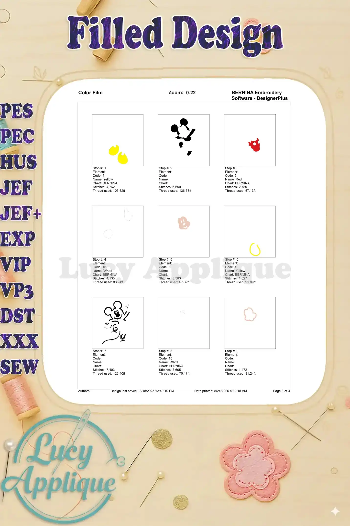A color film showing the thread colors used in each step of the Mickey Mouse filled embroidery design, ensuring accurate color representation for your project.