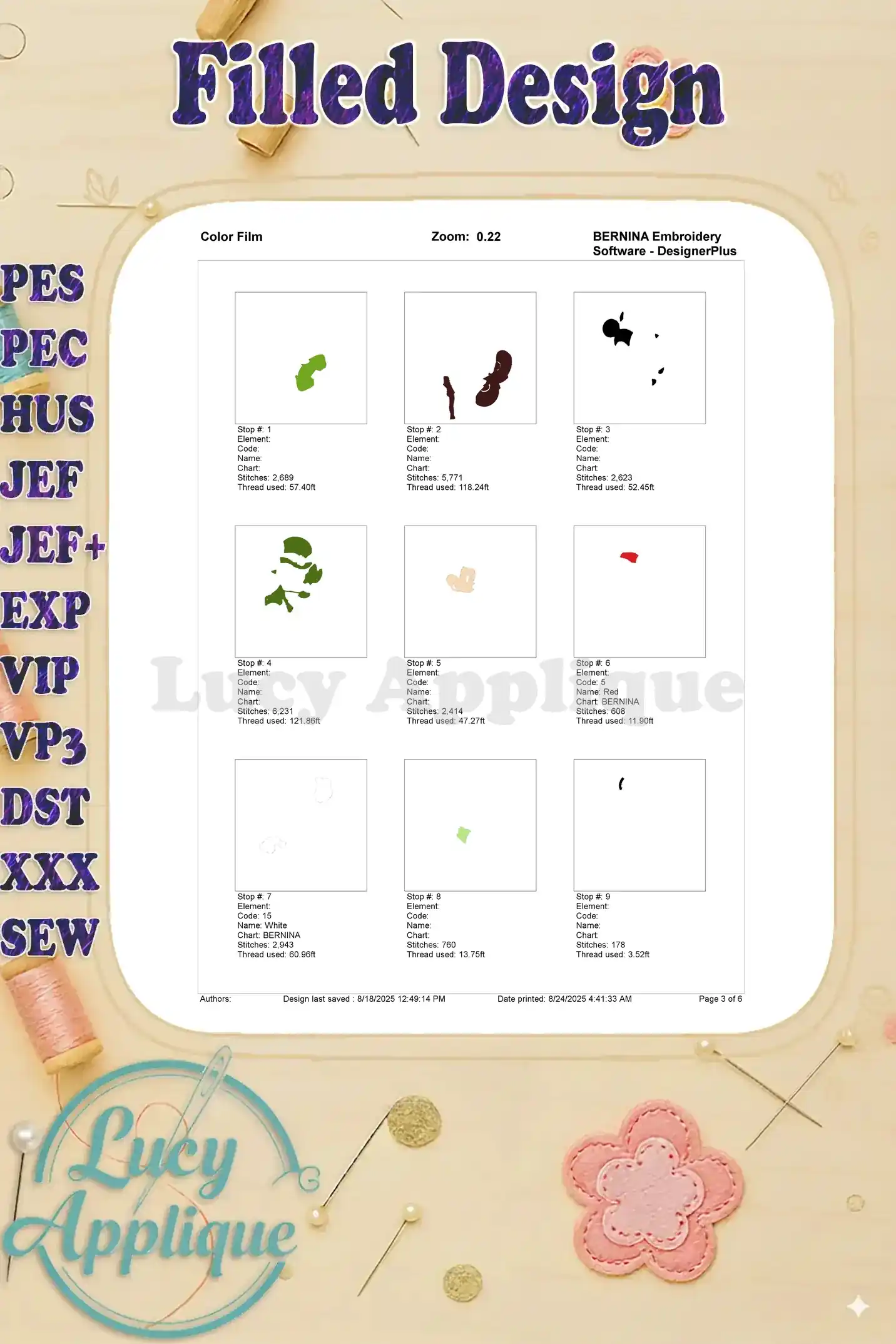 A color film showing the thread colors used in the Mickey Mouse Spring Fill Embroidery Design, arranged in steps.