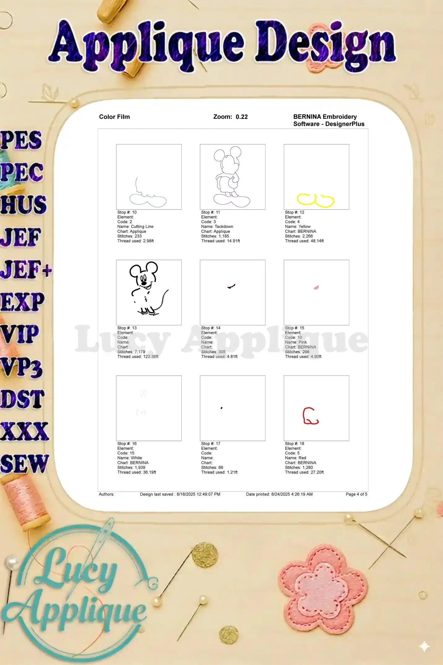 Color film, part 2, showing the intermediate steps for embroidering the Mickey Mouse applique. A detailed visual guide to ensure a precise and perfect outcome!