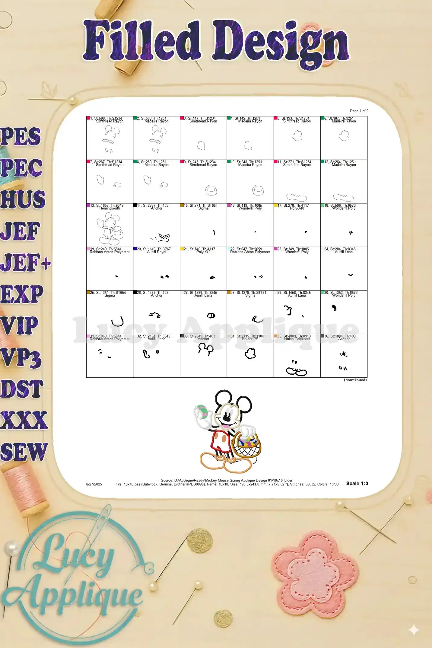 Filled design sheet for the Mickey Mouse Spring Applique, showing the filled design elements in a grid format. This sheet provides a reference for the filled sections of the design.