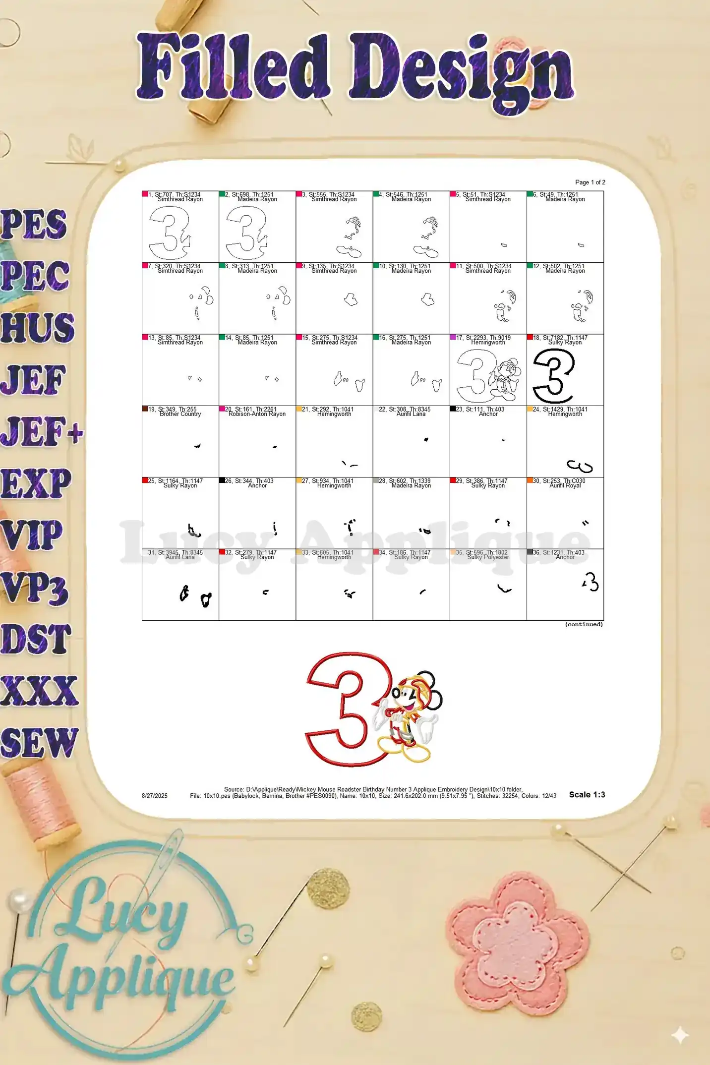 Filled design instructions for the Mickey Mouse Roadster applique, providing a comprehensive guide to stitching the complete design.