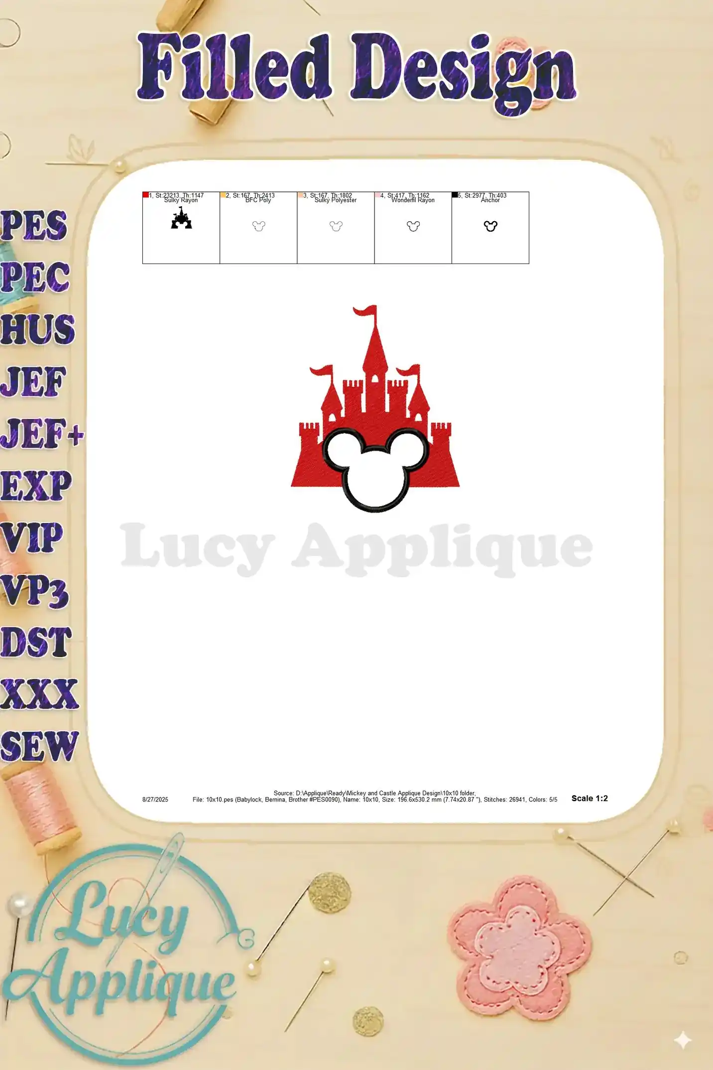 Filled design image showing the completed Mickey and Castle applique, highlighting the saturated colors and fine details of the embroidery.