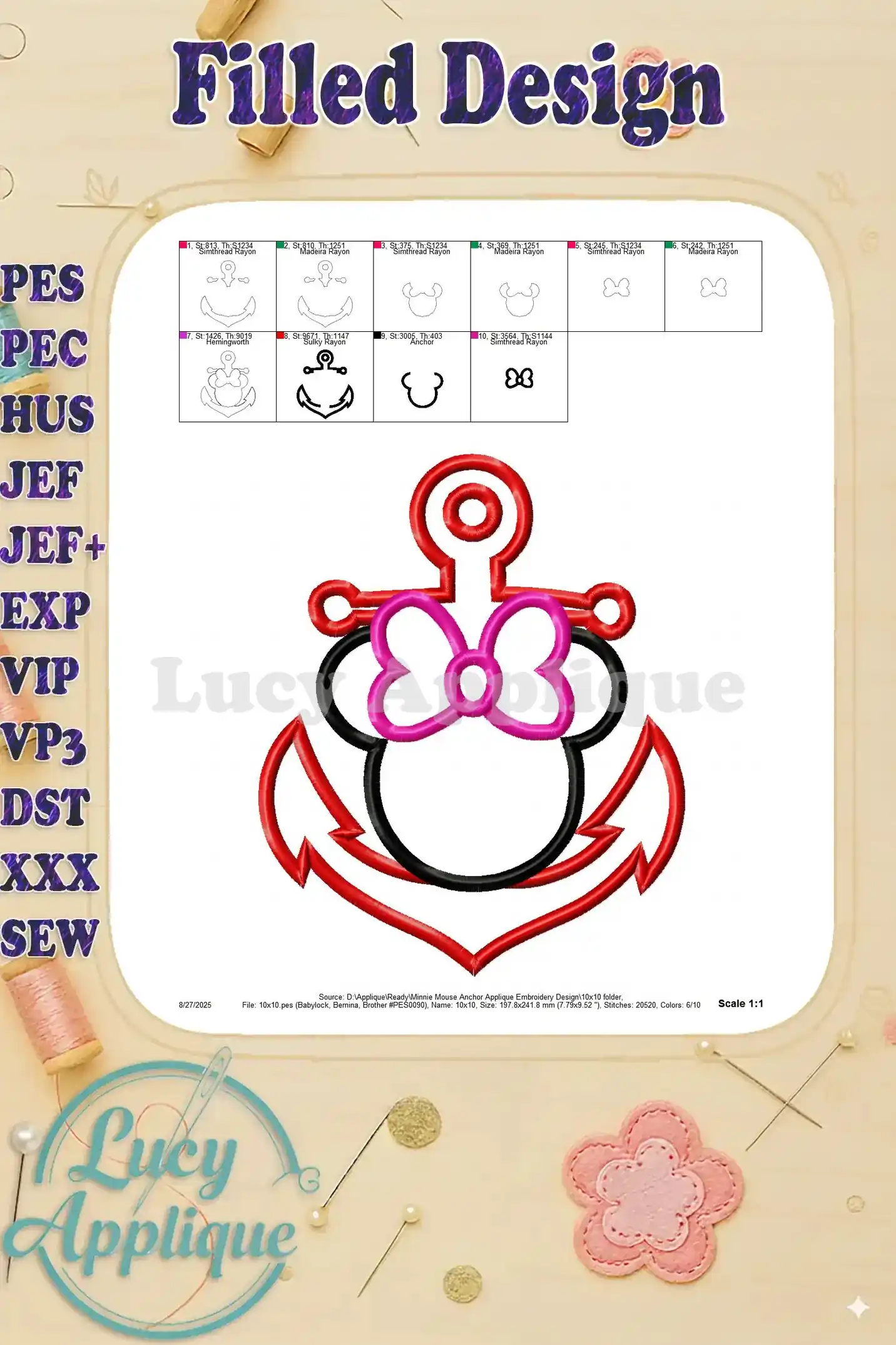 Filled design image showing the completed Minnie Mouse anchor applique embroidery design, highlighting the final stitched product and its color combinations.