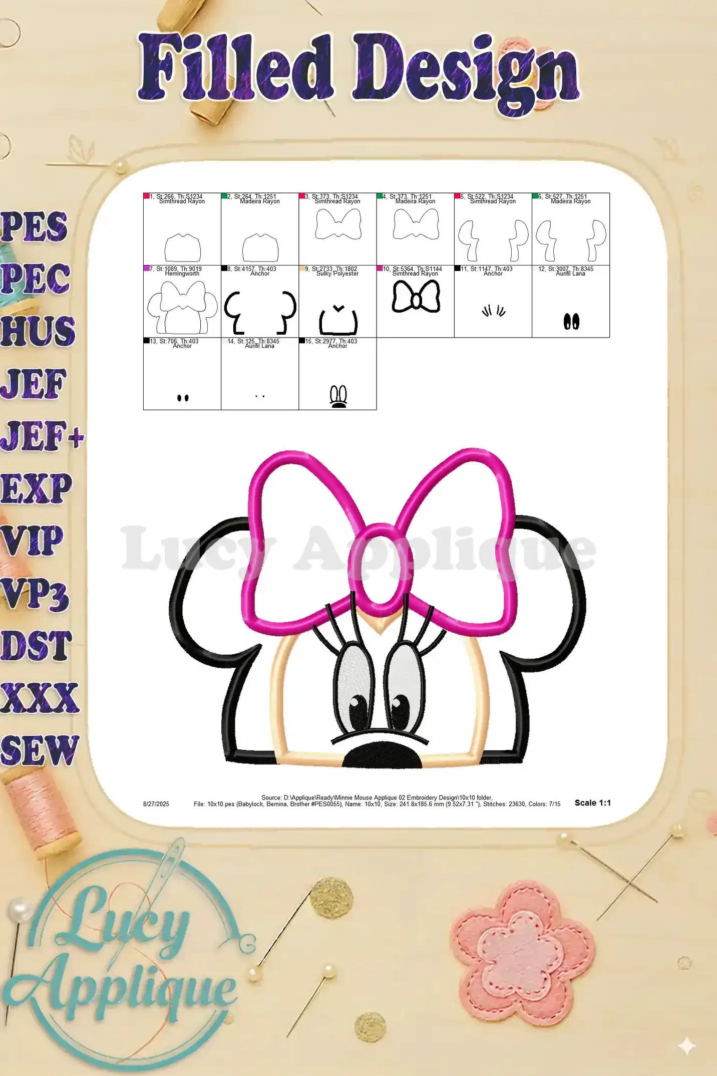 Filled design image for the Minnie Mouse applique embroidery. Shows the completed design, with all elements in place. Offers a preview of the finished project.
