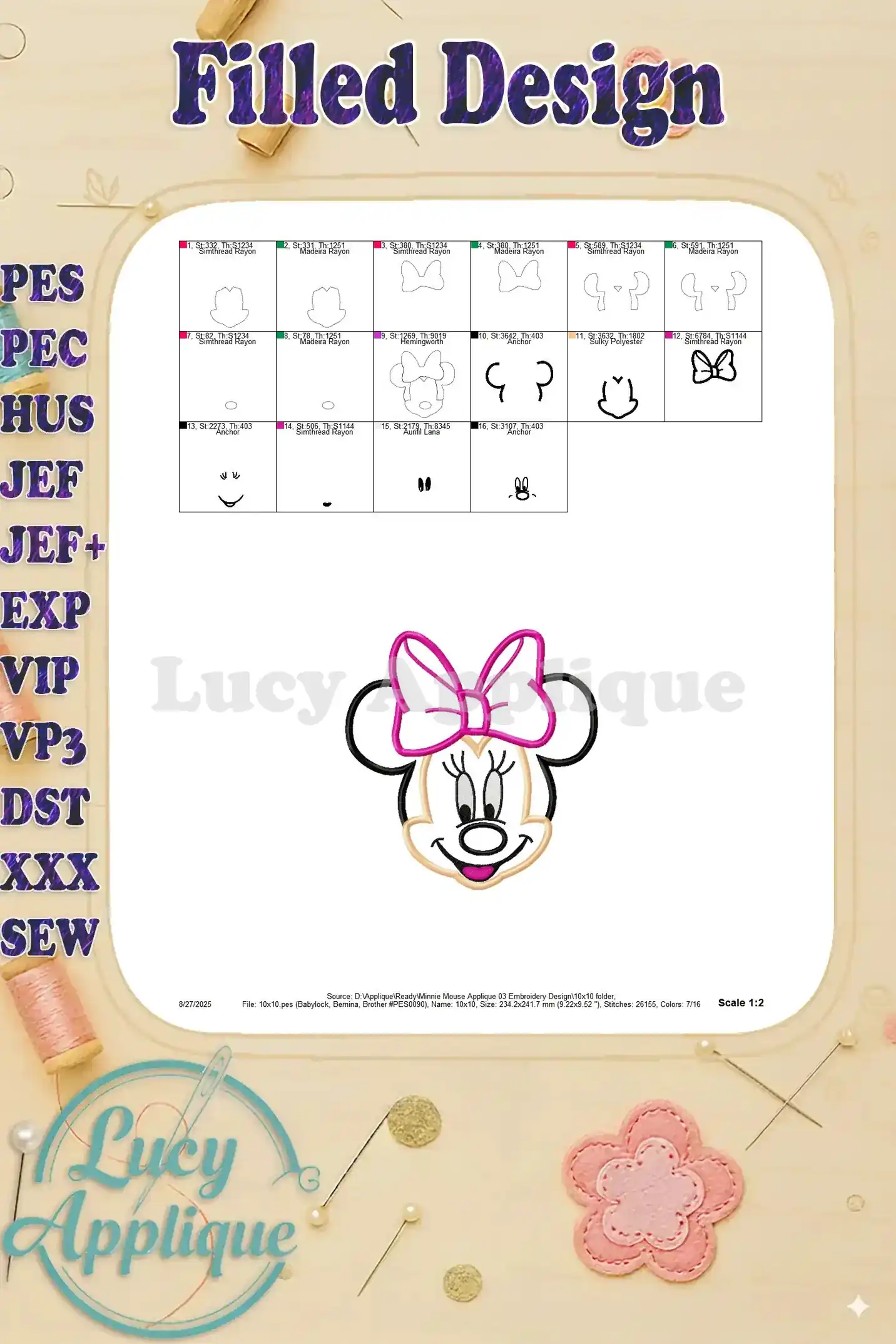 Filled design preview of the Minnie Mouse applique embroidery design, showcasing the completed look after stitching.