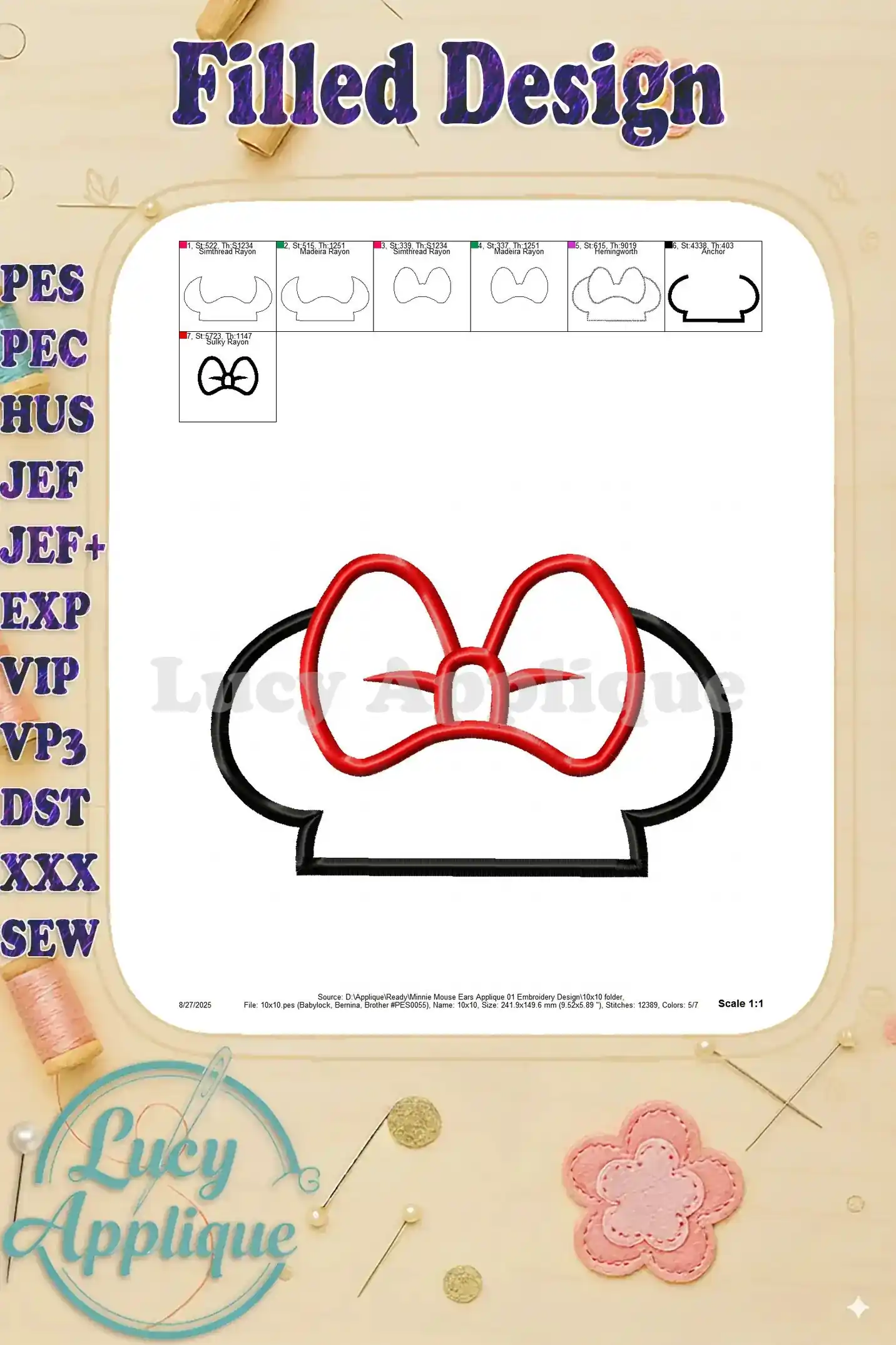 Filled design of Minnie Mouse ears applique embroidery design, showing the completed look with all colors in place. Ready to stitch!