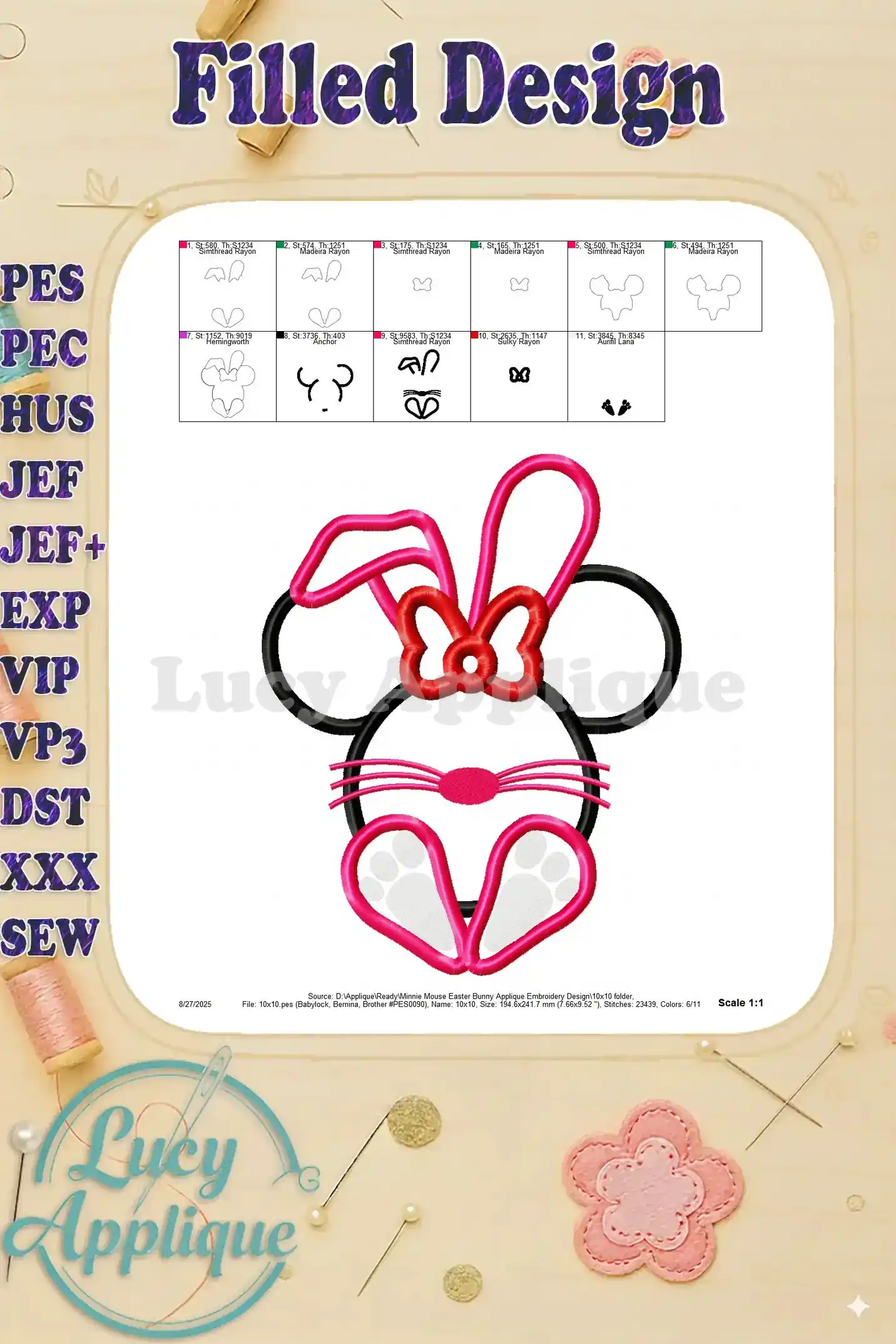 Filled design illustration of the Minnie Mouse Easter Bunny embroidery design, showing the completed look with all elements filled and stitched.